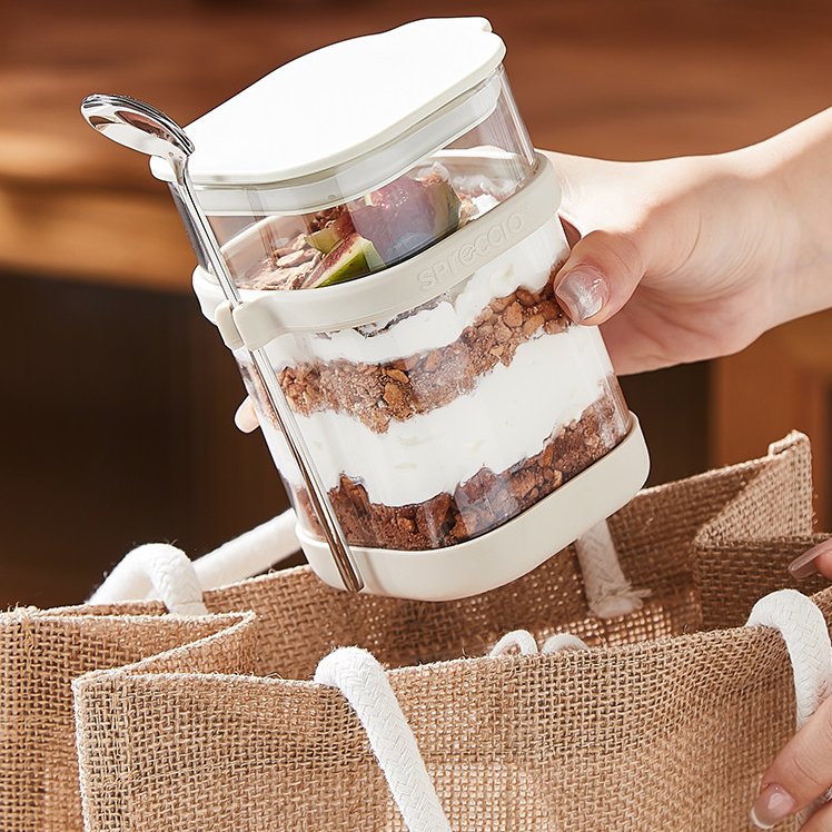 Food Storage Yogurt - Kaşıklı Cam Gecelik Yulaf Ezmesi Kabı,